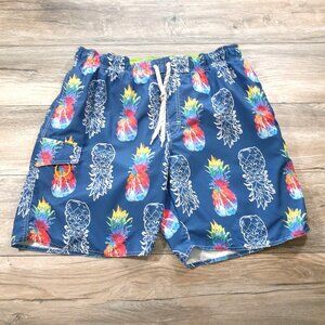 Mens Newport Blue Pineapple Swim Trunks Elastic Waist Mesh Drawstring Rainbow